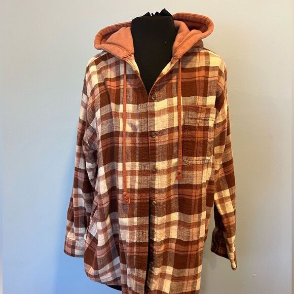 American Eagle Outfitters Tops - American Eagle Plaid Hooded Jacket brown-orange